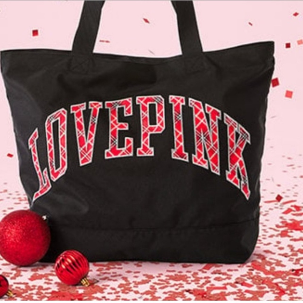 PINK Victoria’s Secret Medium Weekender Tote Bag Plaid Black NEW - Picture 1 of 9
